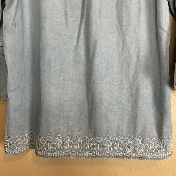 J Jill Denim Womens Chambray Embroidered Top Size M Blue Long Sleeve Tassel Boho - Picture 8 of 12